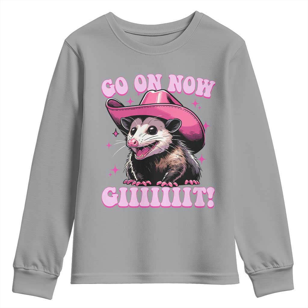 Cowboy Opossum Go On Now Git Youth Sweatshirt Funny Possum Pink Cowgirl Hat Western Wild West - Wonder Print Shop