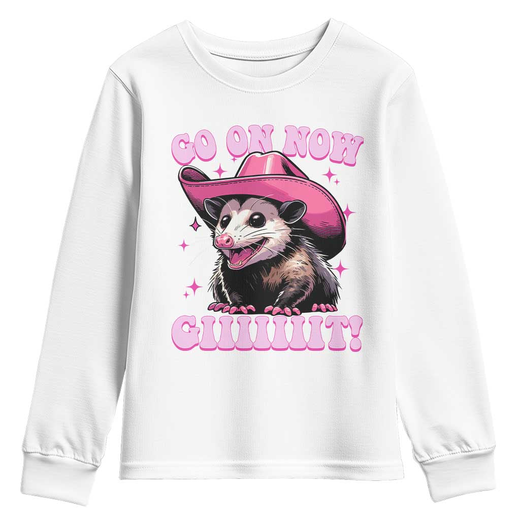Cowboy Opossum Go On Now Git Youth Sweatshirt Funny Possum Pink Cowgirl Hat Western Wild West - Wonder Print Shop