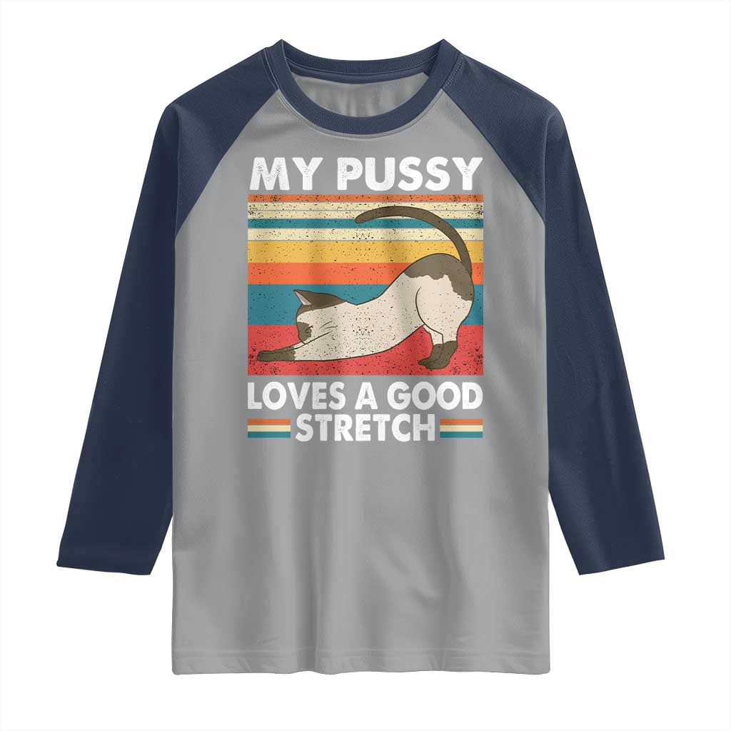My Pussy Loves A Good Stretch Raglan Shirt Funny Humor Saying Cat Vintage - Wonder Print Shop