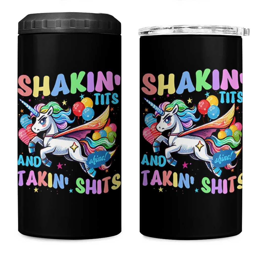 Shakin' Tits and Takin' Shits 4 in 1 Can Cooler Tumbler Naughty Funny Unhinged Unicorn - Wonder Print Shop