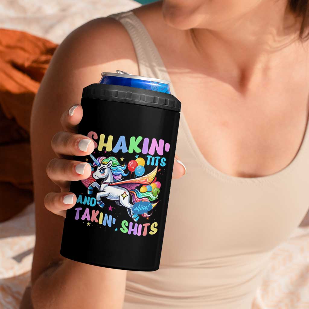 Shakin' Tits and Takin' Shits 4 in 1 Can Cooler Tumbler Naughty Funny Unhinged Unicorn - Wonder Print Shop