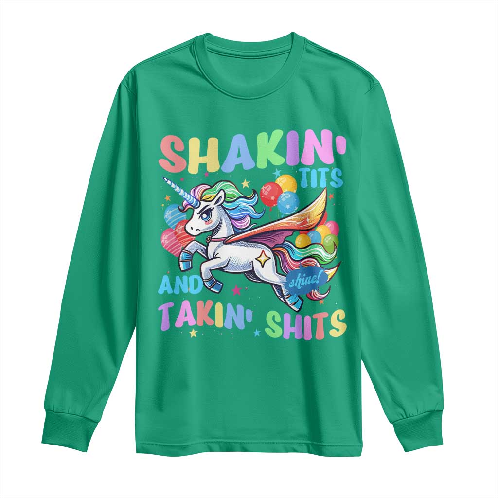 Shakin' Tits and Takin' Shits Long Sleeve Shirt Naughty Funny Unhinged Unicorn - Wonder Print Shop