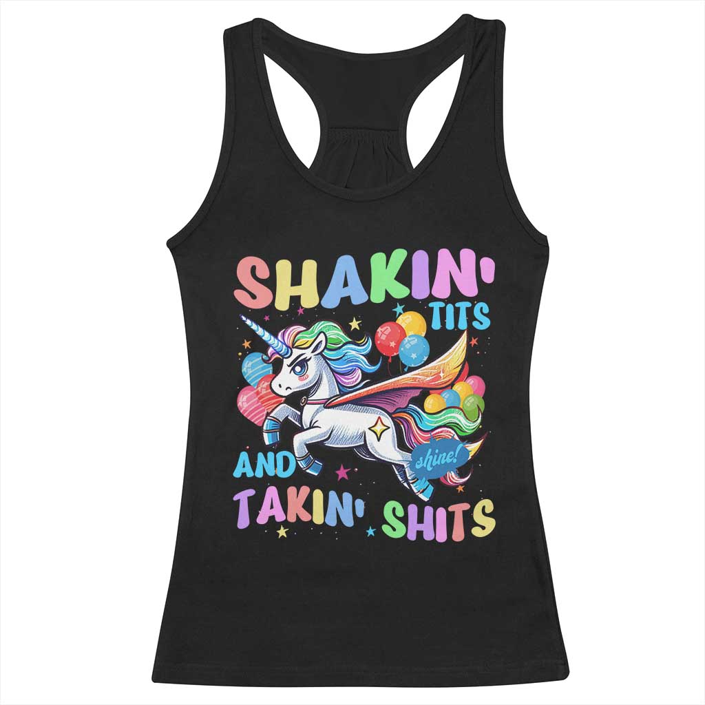 Shakin' Tits and Takin' Shits Racerback Tank Top Naughty Funny Unhinged Unicorn - Wonder Print Shop