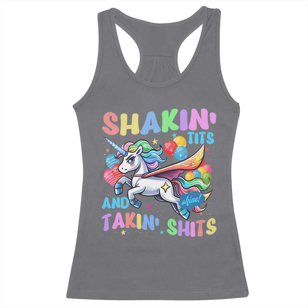 Shakin' Tits and Takin' Shits Racerback Tank Top Naughty Funny Unhinged Unicorn - Wonder Print Shop