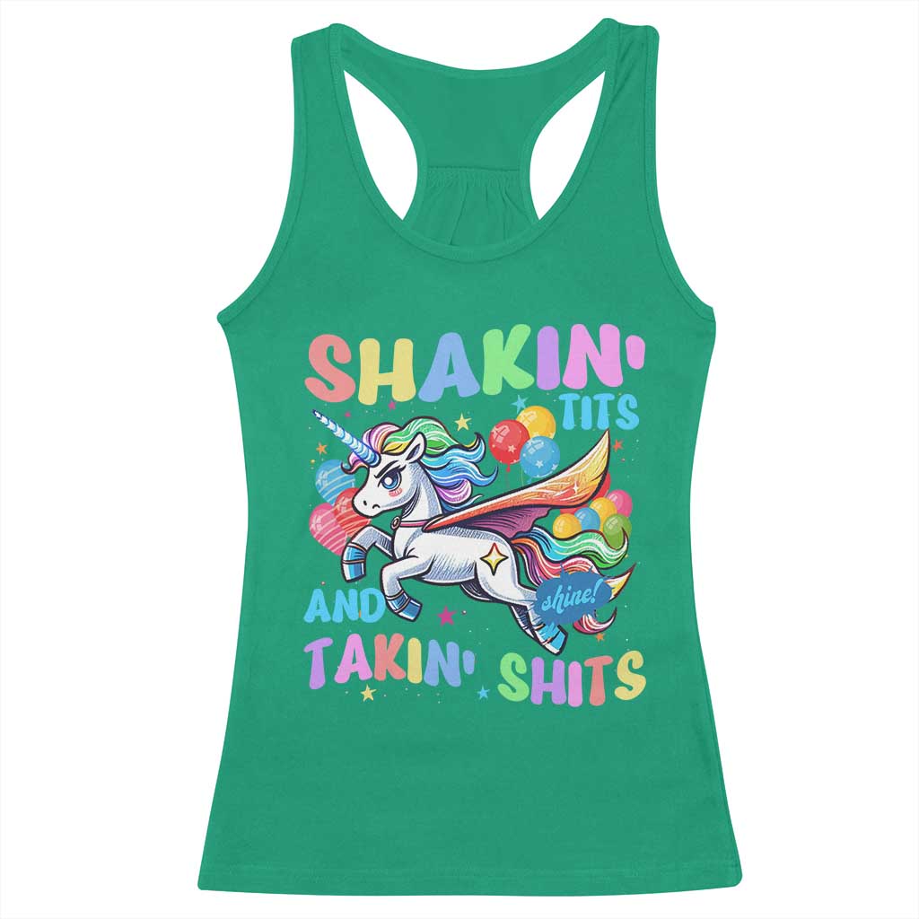 Shakin' Tits and Takin' Shits Racerback Tank Top Naughty Funny Unhinged Unicorn - Wonder Print Shop