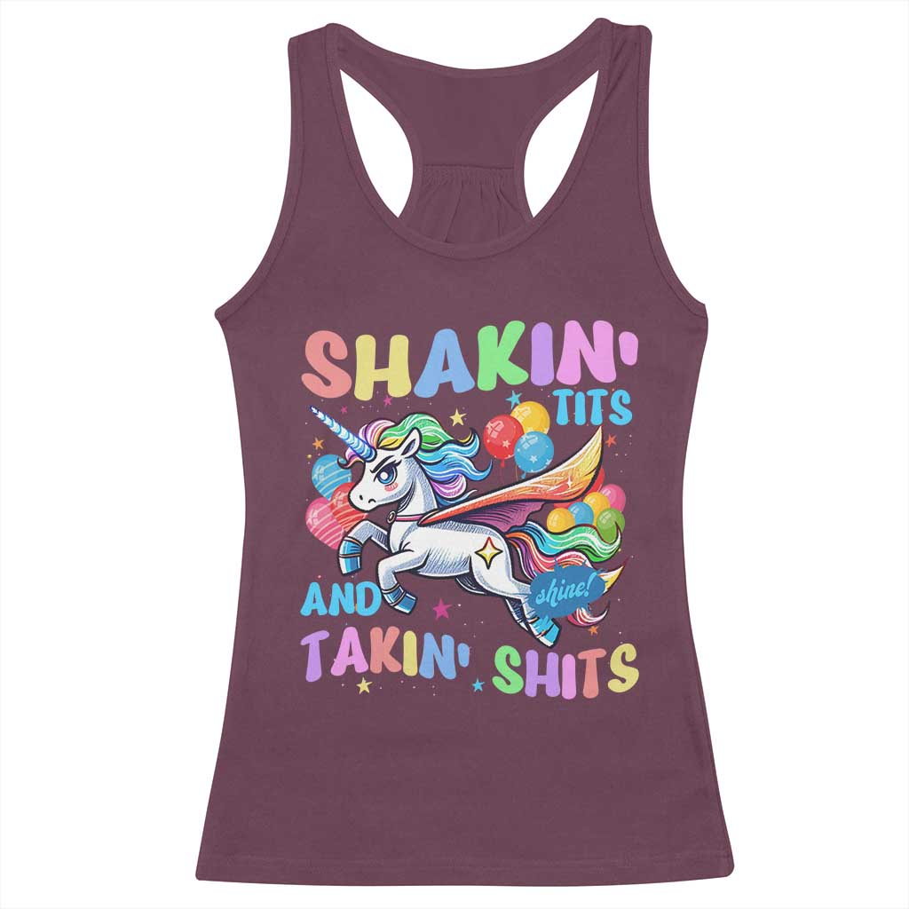 Shakin' Tits and Takin' Shits Racerback Tank Top Naughty Funny Unhinged Unicorn - Wonder Print Shop