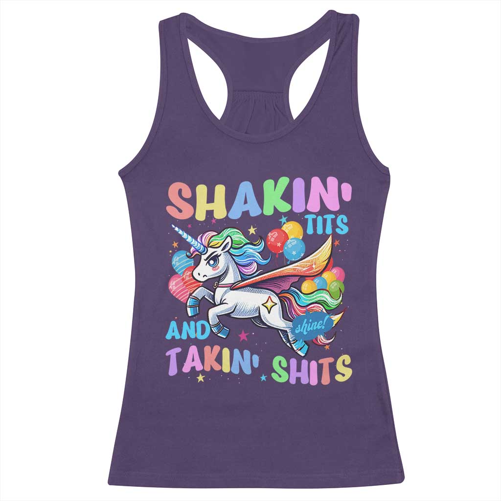Shakin' Tits and Takin' Shits Racerback Tank Top Naughty Funny Unhinged Unicorn - Wonder Print Shop