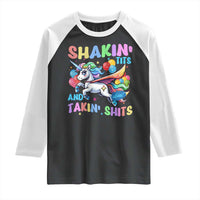 Shakin' Tits and Takin' Shits Raglan Shirt Naughty Funny Unhinged Unicorn - Wonder Print Shop