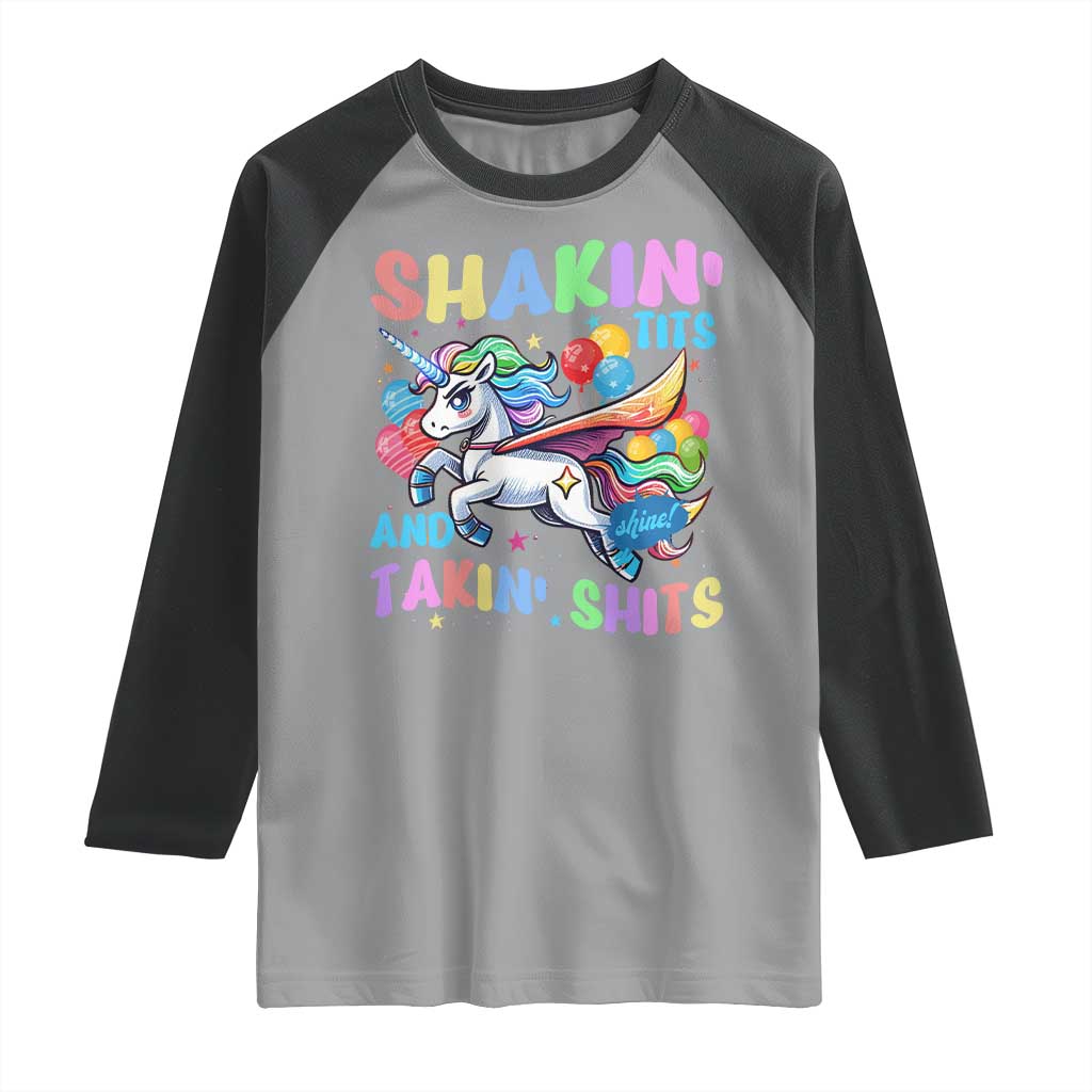 Shakin' Tits and Takin' Shits Raglan Shirt Naughty Funny Unhinged Unicorn - Wonder Print Shop
