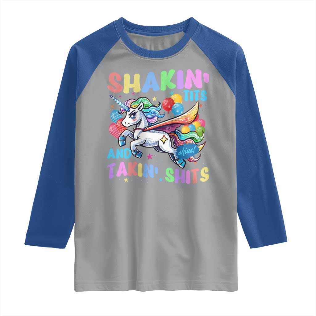 Shakin' Tits and Takin' Shits Raglan Shirt Naughty Funny Unhinged Unicorn - Wonder Print Shop