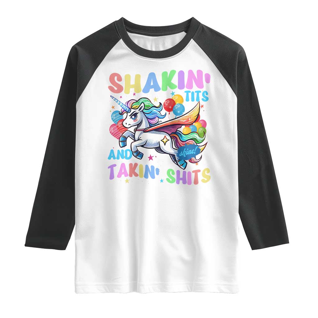 Shakin' Tits and Takin' Shits Raglan Shirt Naughty Funny Unhinged Unicorn - Wonder Print Shop