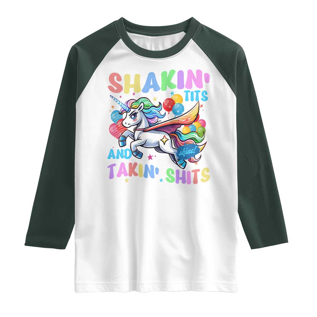 Shakin' Tits and Takin' Shits Raglan Shirt Naughty Funny Unhinged Unicorn - Wonder Print Shop