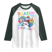 Shakin' Tits and Takin' Shits Raglan Shirt Naughty Funny Unhinged Unicorn - Wonder Print Shop
