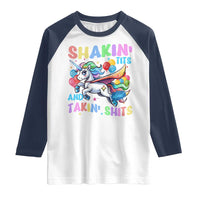 Shakin' Tits and Takin' Shits Raglan Shirt Naughty Funny Unhinged Unicorn - Wonder Print Shop