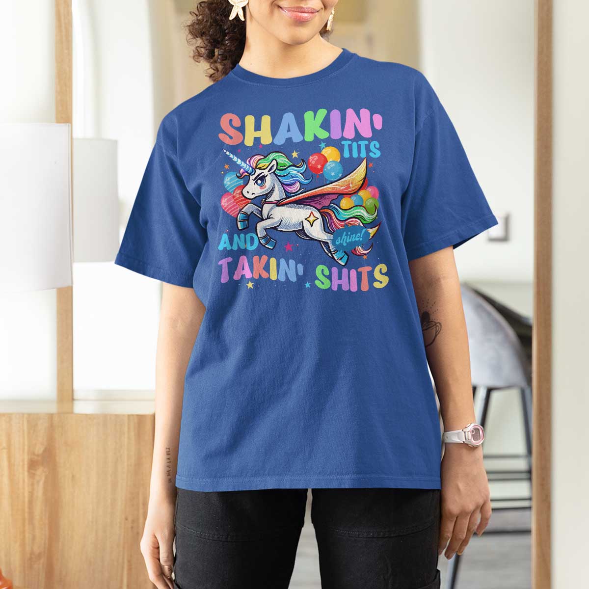Shakin' Tits and Takin' Shits T Shirt For Women Naughty Funny Unhinged Unicorn - Wonder Print Shop