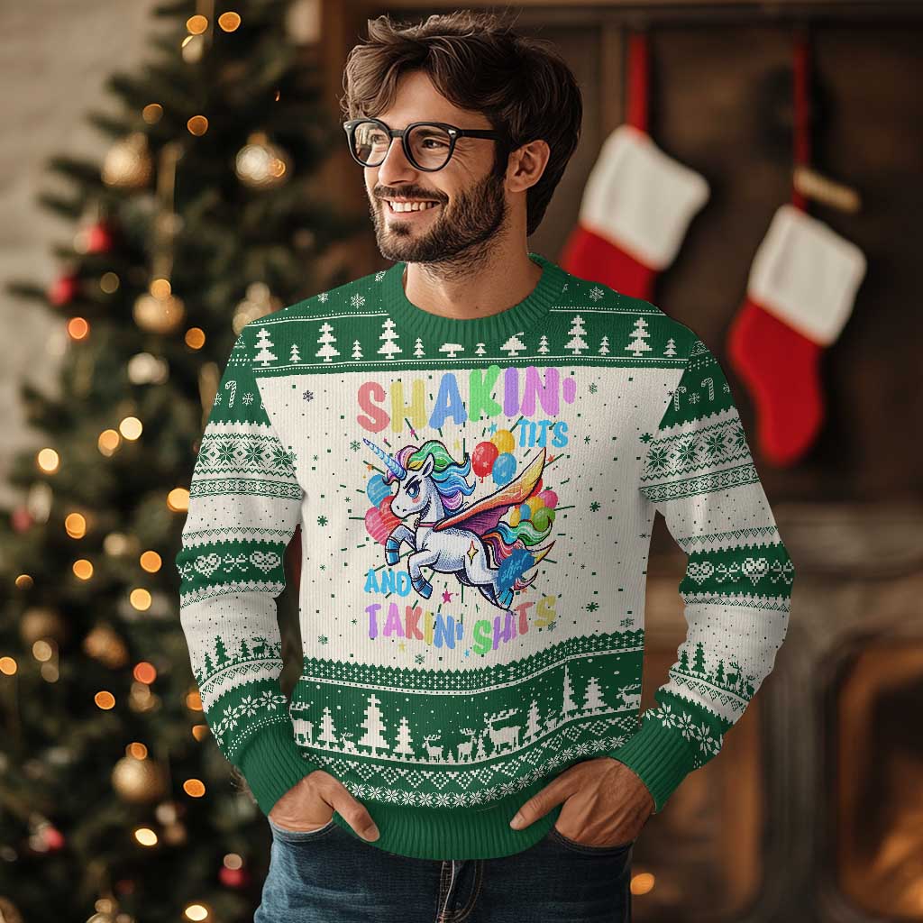 Shakin' Tits and Takin' Shits Knitted Sweatshirt Naughty Funny Unhinged Unicorn - Wonder Print Shop