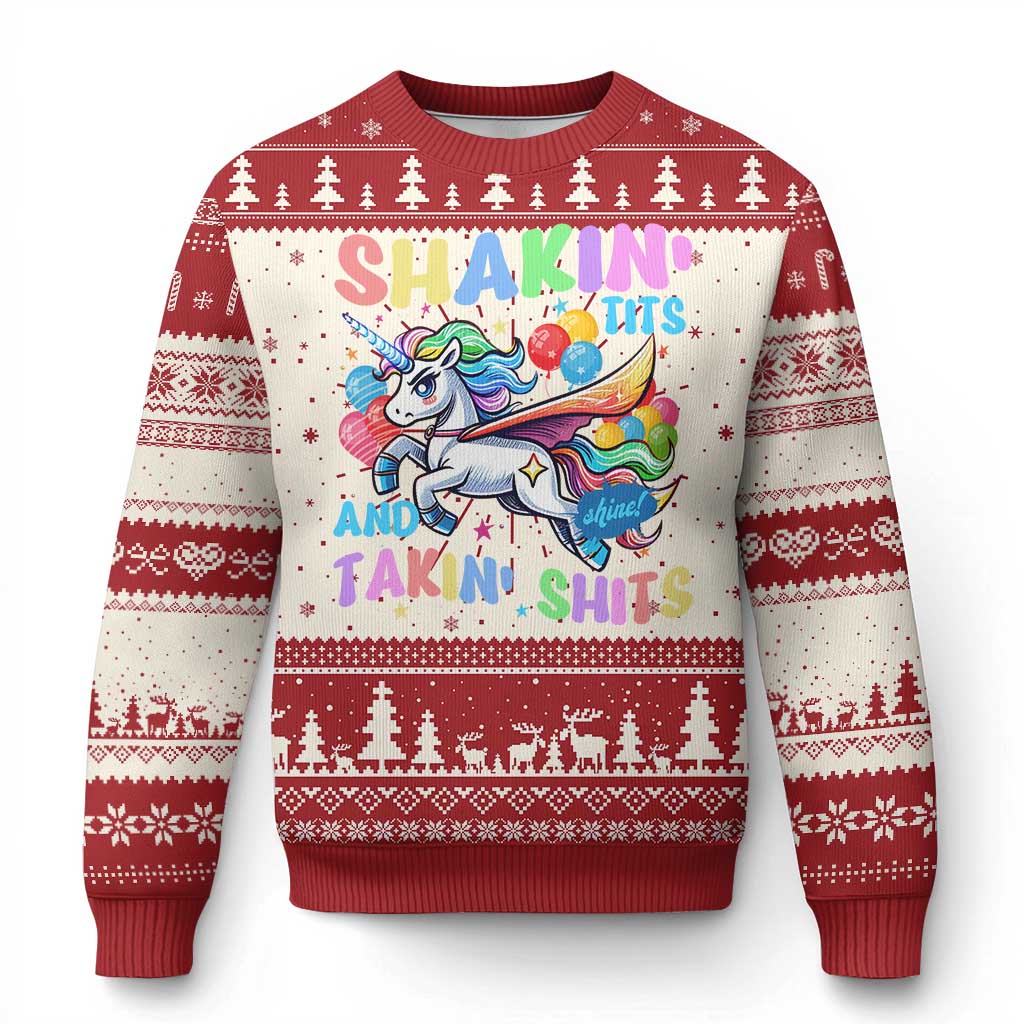 Shakin' Tits and Takin' Shits Knitted Sweatshirt Naughty Funny Unhinged Unicorn - Wonder Print Shop