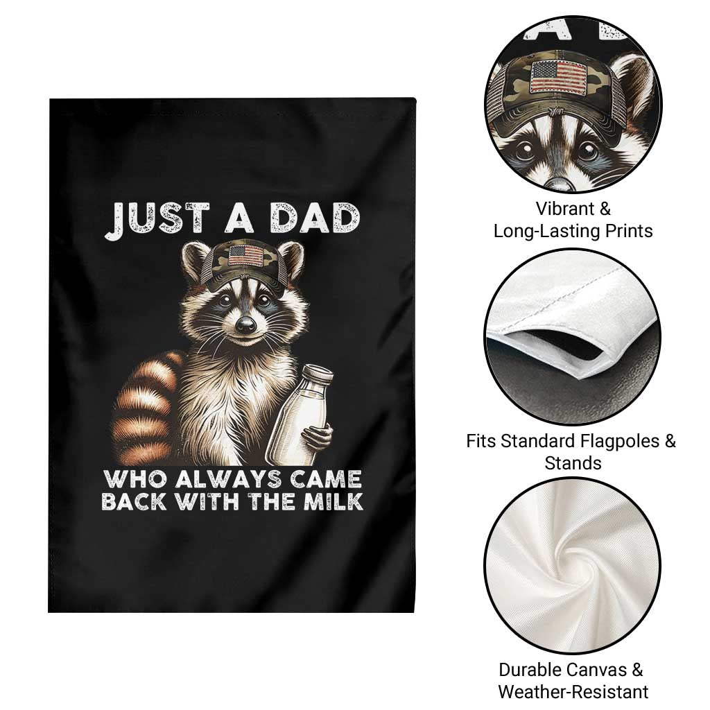 Just A Dad Who Always Came Back With The Milk Garden Flag Retro Raccoon Camo Fathers Day - Wonder Print Shop