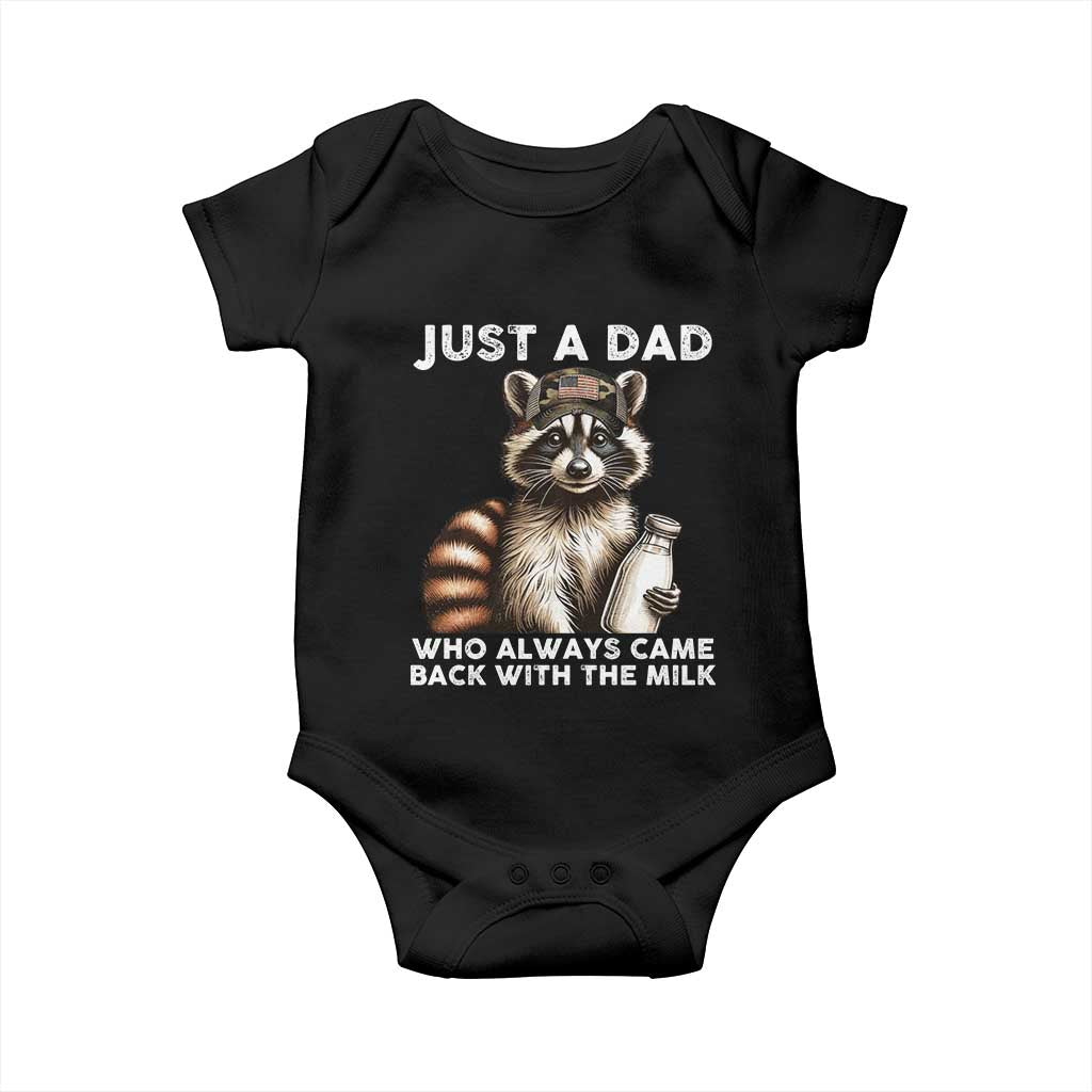 Just A Dad Who Always Came Back With The Milk Baby Onesie Retro Raccoon Camo Fathers Day - Wonder Print Shop