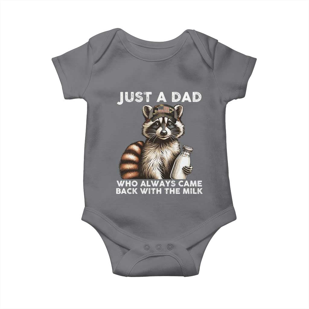 Just A Dad Who Always Came Back With The Milk Baby Onesie Retro Raccoon Camo Fathers Day - Wonder Print Shop