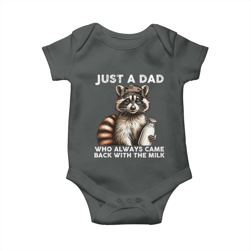 Just A Dad Who Always Came Back With The Milk Baby Onesie Retro Raccoon Camo Fathers Day - Wonder Print Shop