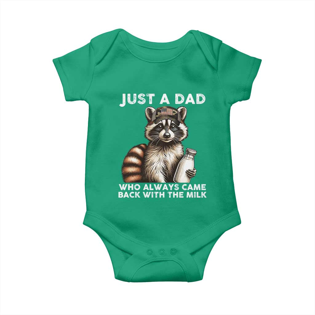 Just A Dad Who Always Came Back With The Milk Baby Onesie Retro Raccoon Camo Fathers Day - Wonder Print Shop