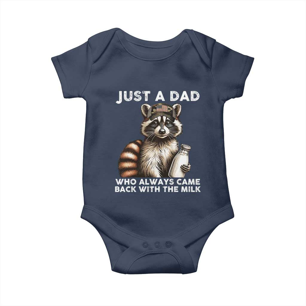 Just A Dad Who Always Came Back With The Milk Baby Onesie Retro Raccoon Camo Fathers Day - Wonder Print Shop