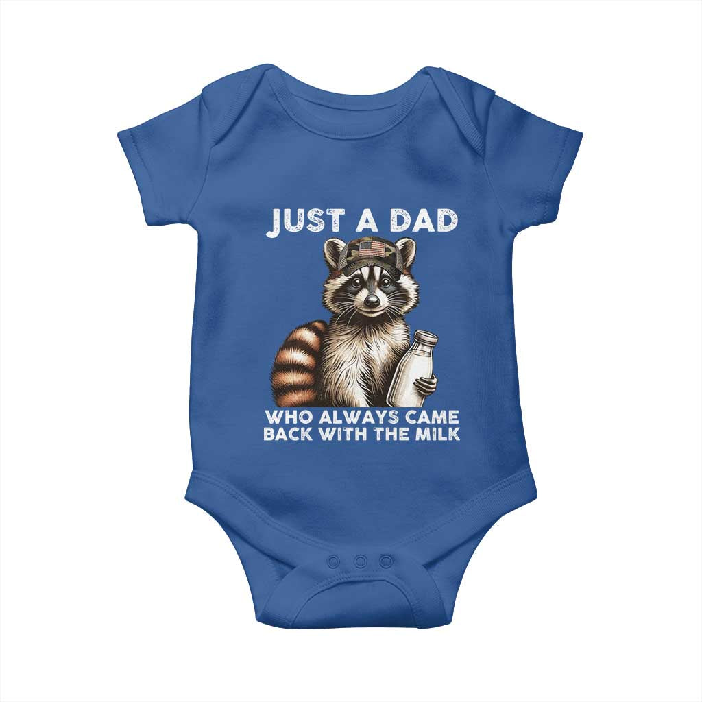 Just A Dad Who Always Came Back With The Milk Baby Onesie Retro Raccoon Camo Fathers Day - Wonder Print Shop