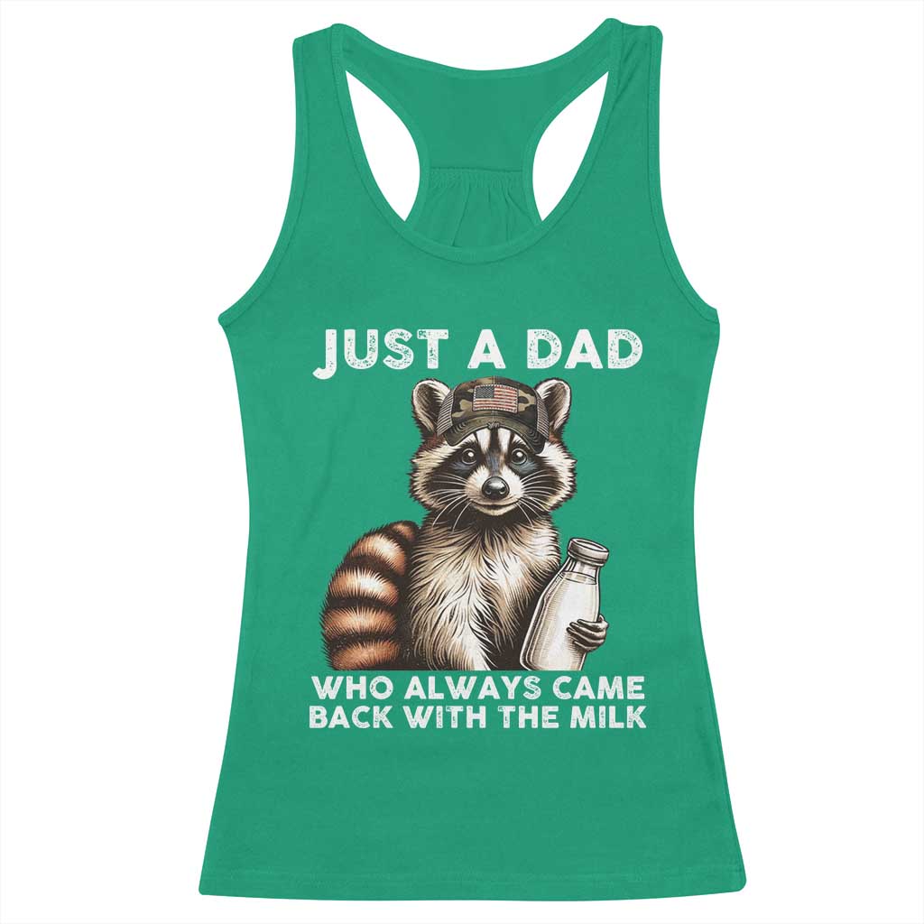 Just A Dad Who Always Came Back With The Milk Racerback Tank Top Retro Raccoon Camo Fathers Day - Wonder Print Shop