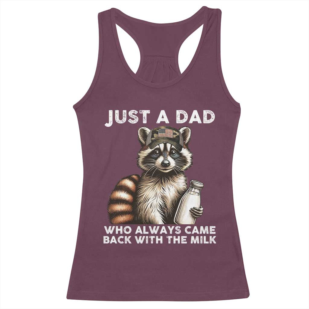 Just A Dad Who Always Came Back With The Milk Racerback Tank Top Retro Raccoon Camo Fathers Day - Wonder Print Shop