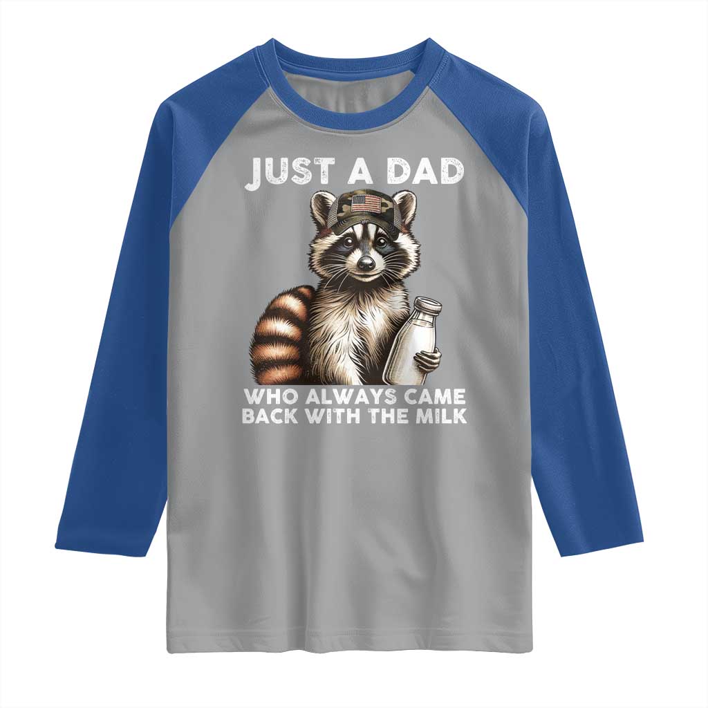 Just A Dad Who Always Came Back With The Milk Raglan Shirt Retro Raccoon Camo Fathers Day - Wonder Print Shop