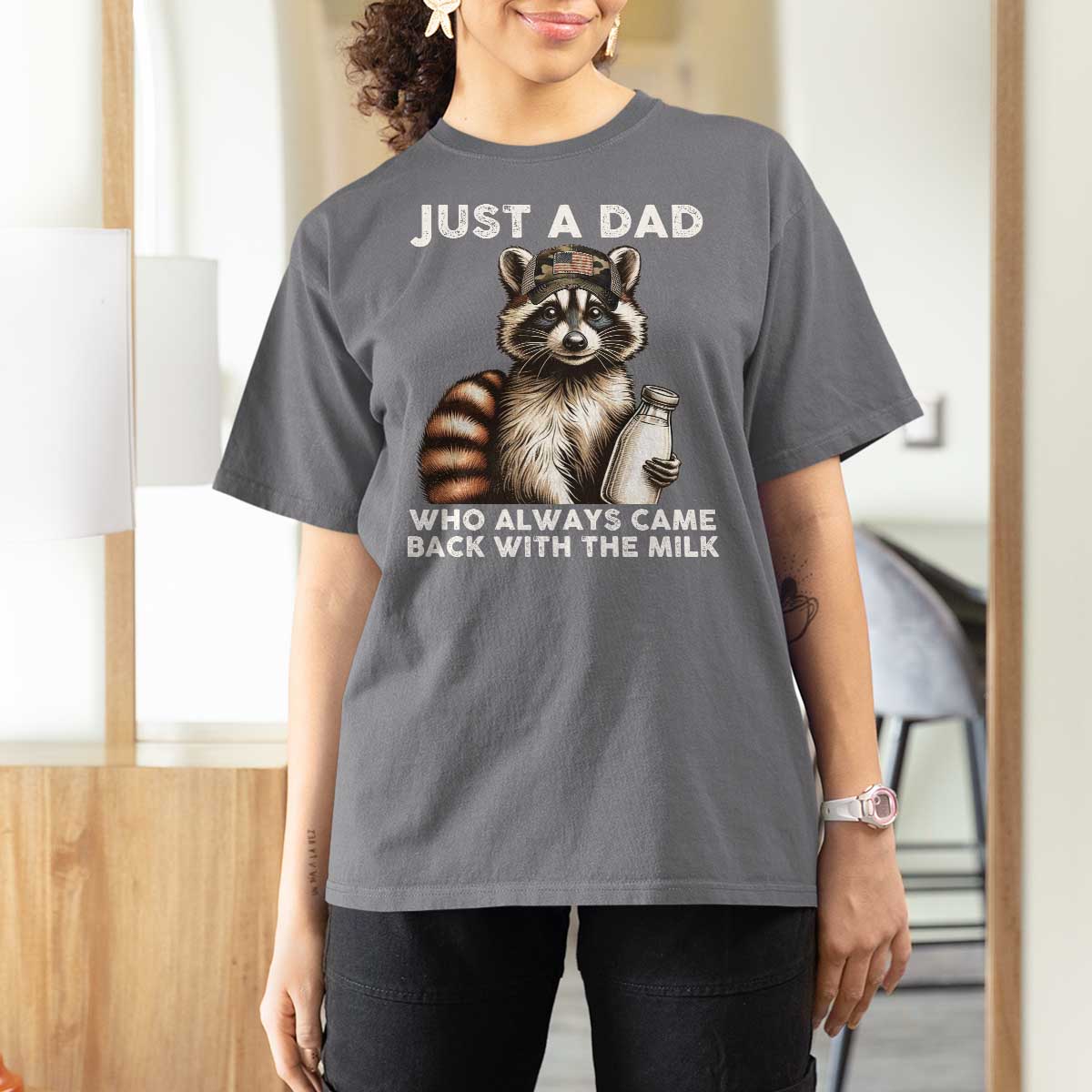 Just A Dad Who Always Came Back With The Milk T Shirt For Women Retro Raccoon Camo Fathers Day - Wonder Print Shop