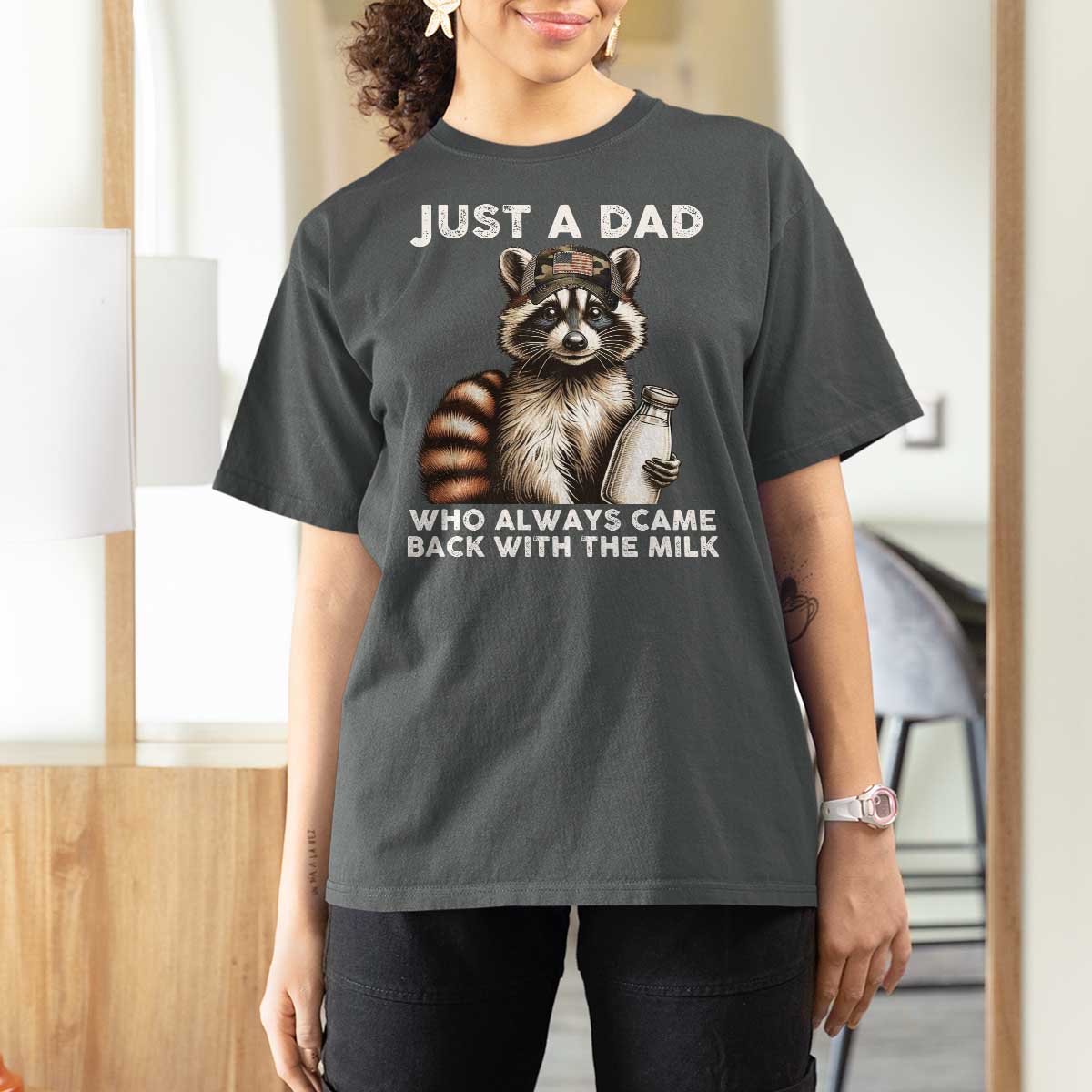 Just A Dad Who Always Came Back With The Milk T Shirt For Women Retro Raccoon Camo Fathers Day - Wonder Print Shop