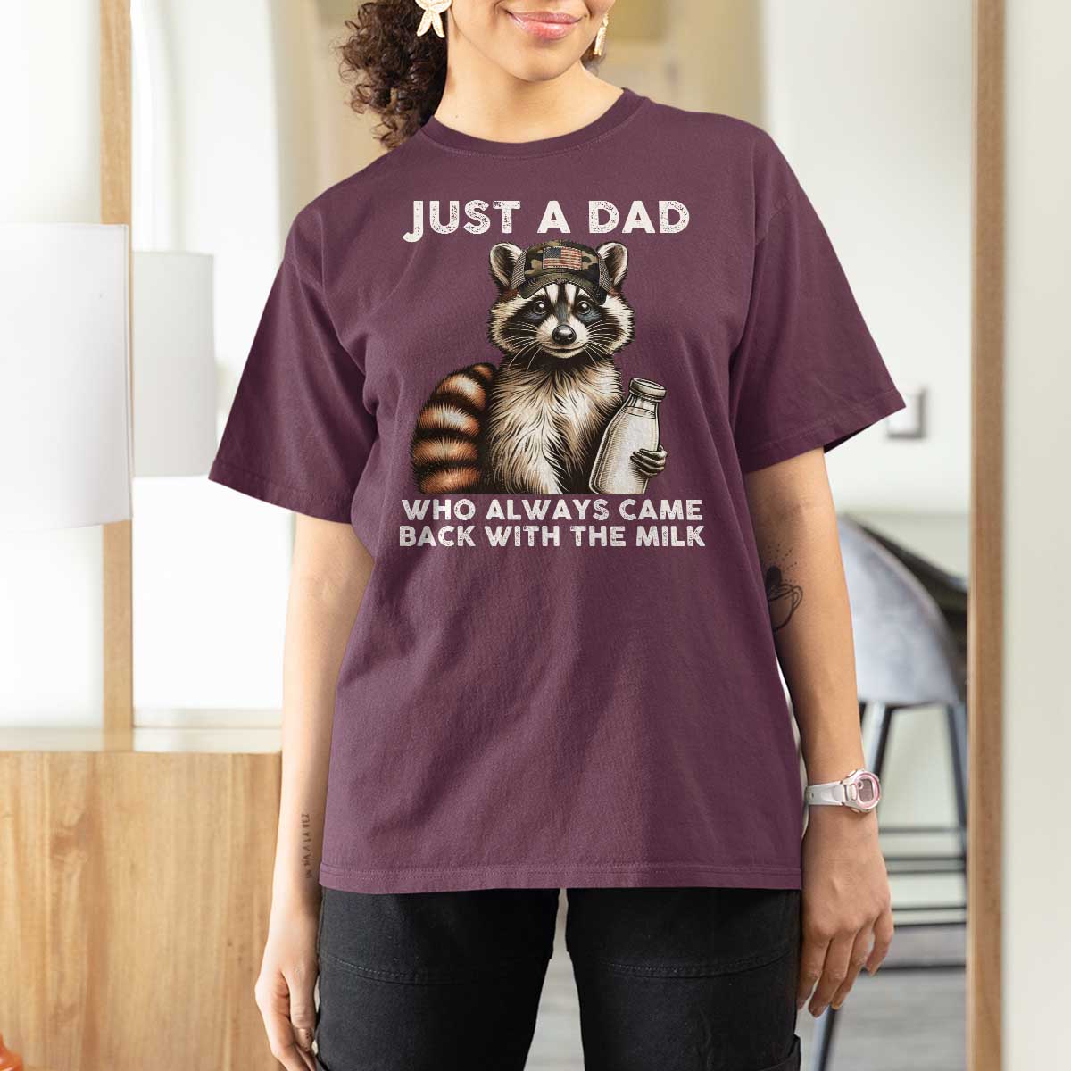 Just A Dad Who Always Came Back With The Milk T Shirt For Women Retro Raccoon Camo Fathers Day - Wonder Print Shop
