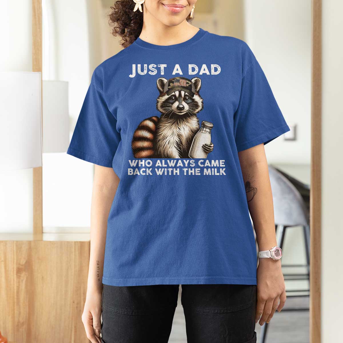 Just A Dad Who Always Came Back With The Milk T Shirt For Women Retro Raccoon Camo Fathers Day - Wonder Print Shop