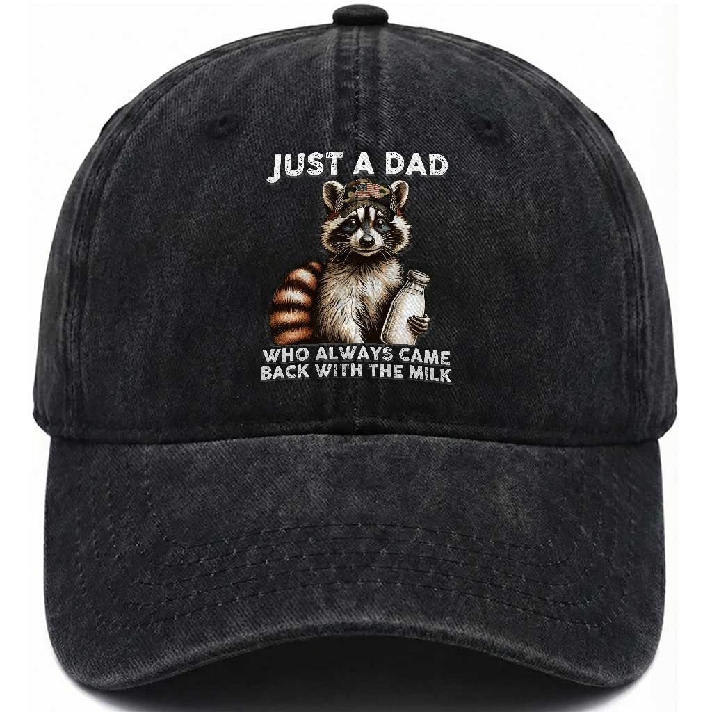 Just A Dad Who Always Came Back With The Milk Washed Cotton Baseball Cap Retro Raccoon Camo Fathers Day