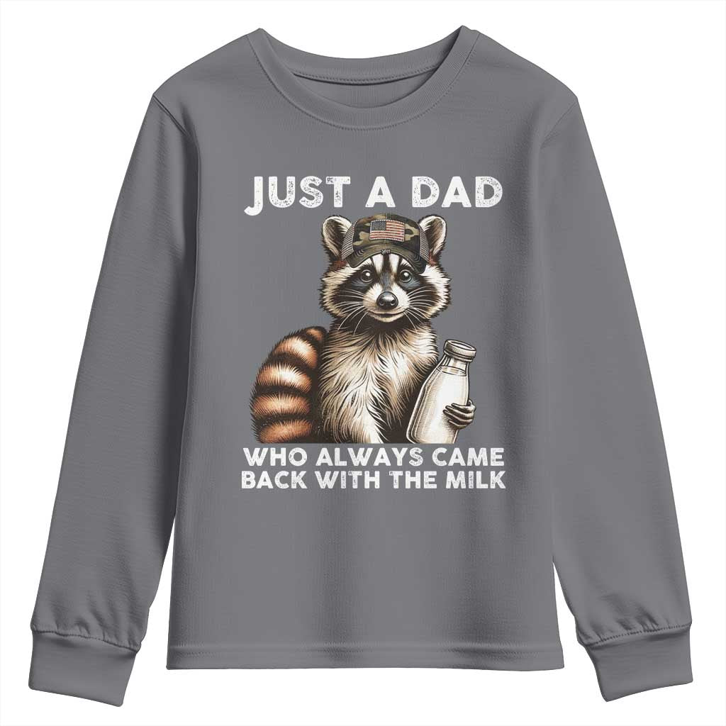 Just A Dad Who Always Came Back With The Milk Youth Sweatshirt Retro Raccoon Camo Fathers Day - Wonder Print Shop