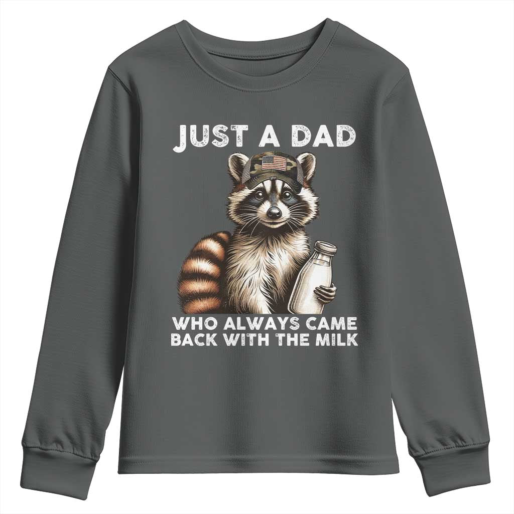 Just A Dad Who Always Came Back With The Milk Youth Sweatshirt Retro Raccoon Camo Fathers Day - Wonder Print Shop