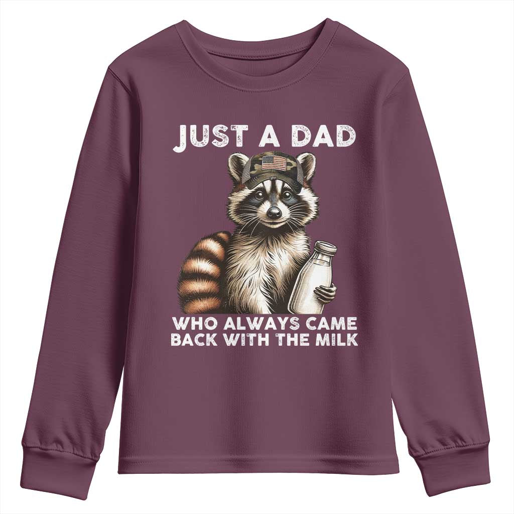 Just A Dad Who Always Came Back With The Milk Youth Sweatshirt Retro Raccoon Camo Fathers Day - Wonder Print Shop