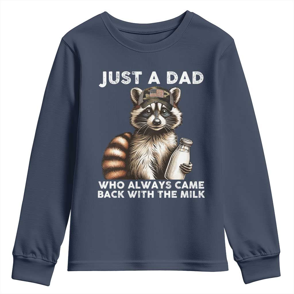 Just A Dad Who Always Came Back With The Milk Youth Sweatshirt Retro Raccoon Camo Fathers Day - Wonder Print Shop