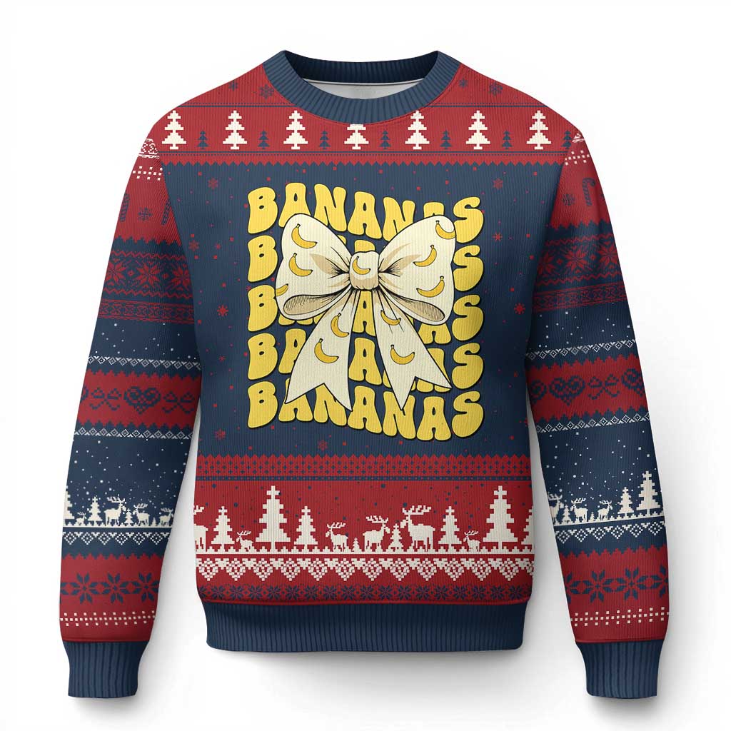 Bananas Coquette Bow Ugly Christmas Sweater Retro Banana Lovers Women Girls Kids