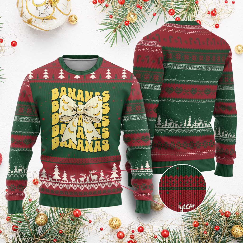 Bananas Coquette Bow Ugly Christmas Sweater Retro Banana Lovers Women Girls Kids