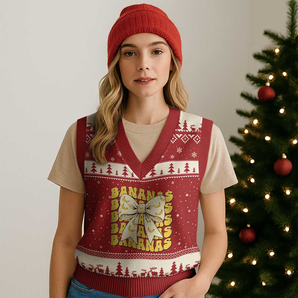 Bananas Coquette Bow V-Neck Knit Sweater Vest Retro Banana Lovers Women Girls Kids
