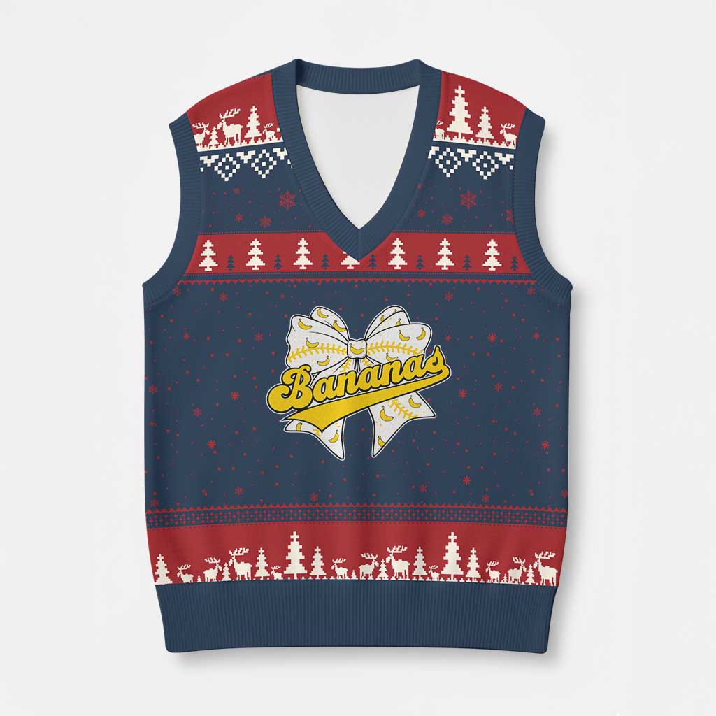 Bananas Coquette Bow V-Neck Knit Sweater Vest Retro Throwback Popular Fruit Humor Banana Classic