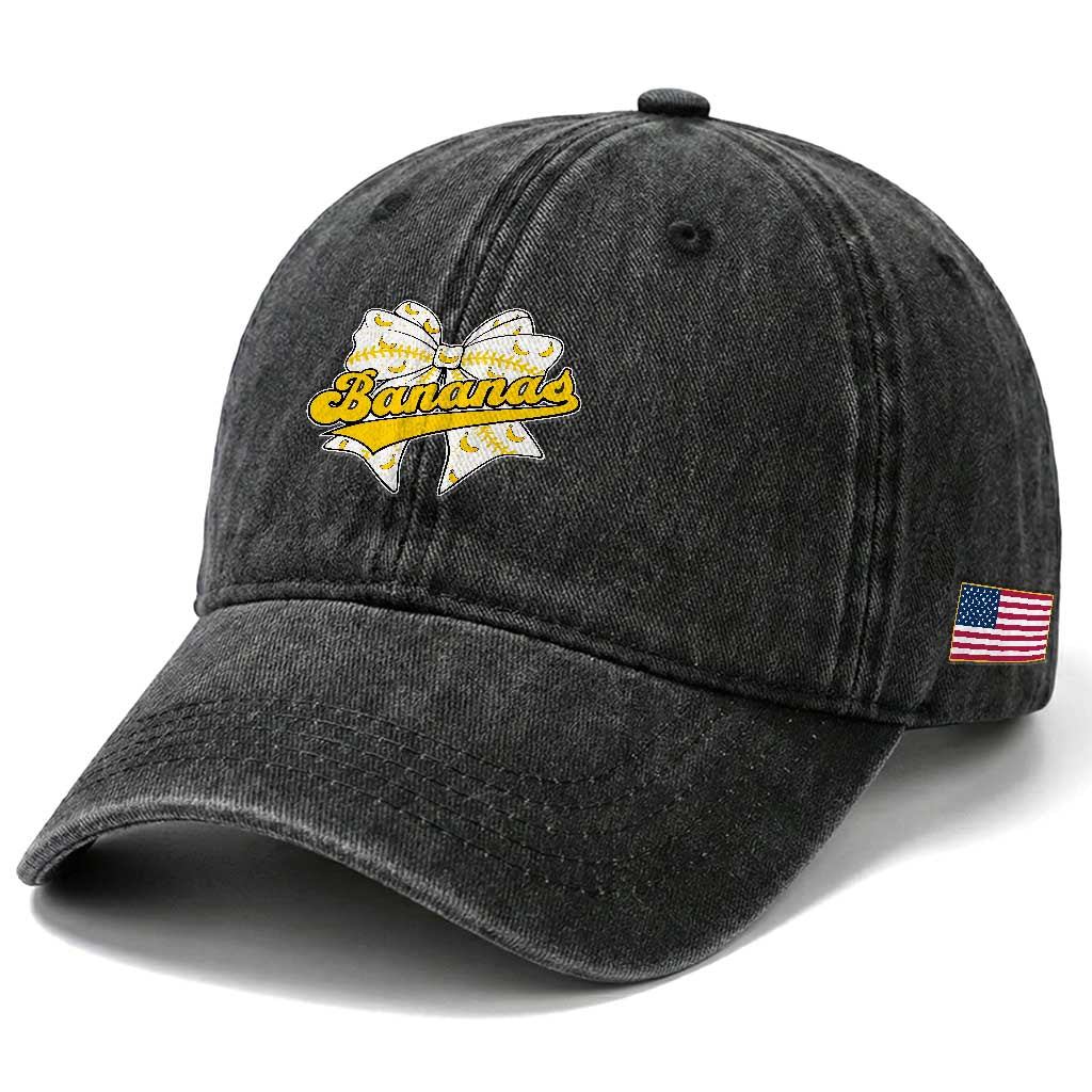 Bananas Coquette Bow Washed Cotton Baseball Cap Retro Throwback Popular Fruit Humor Banana Classic