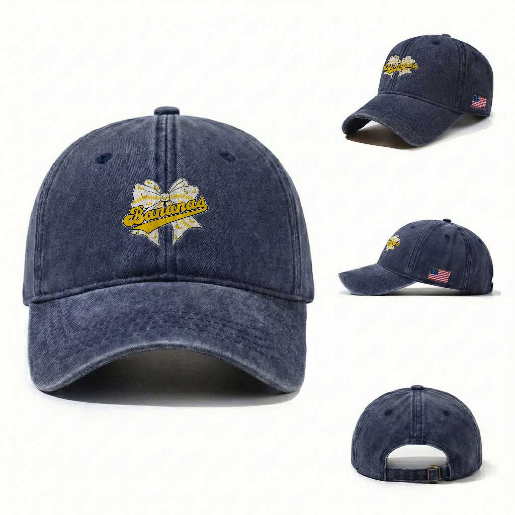 Bananas Coquette Bow Washed Cotton Baseball Cap Retro Throwback Popular Fruit Humor Banana Classic