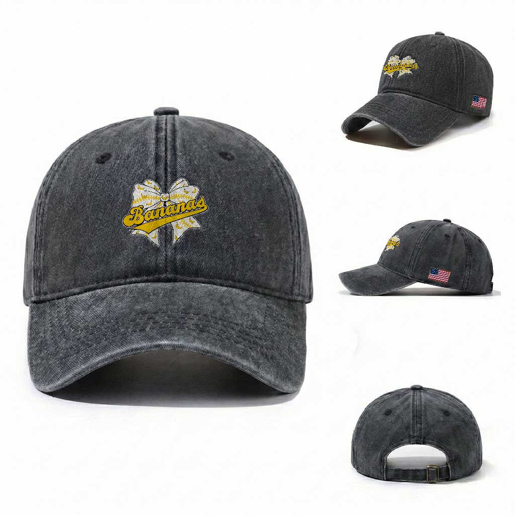 Bananas Coquette Bow Washed Cotton Baseball Cap Retro Throwback Popular Fruit Humor Banana Classic
