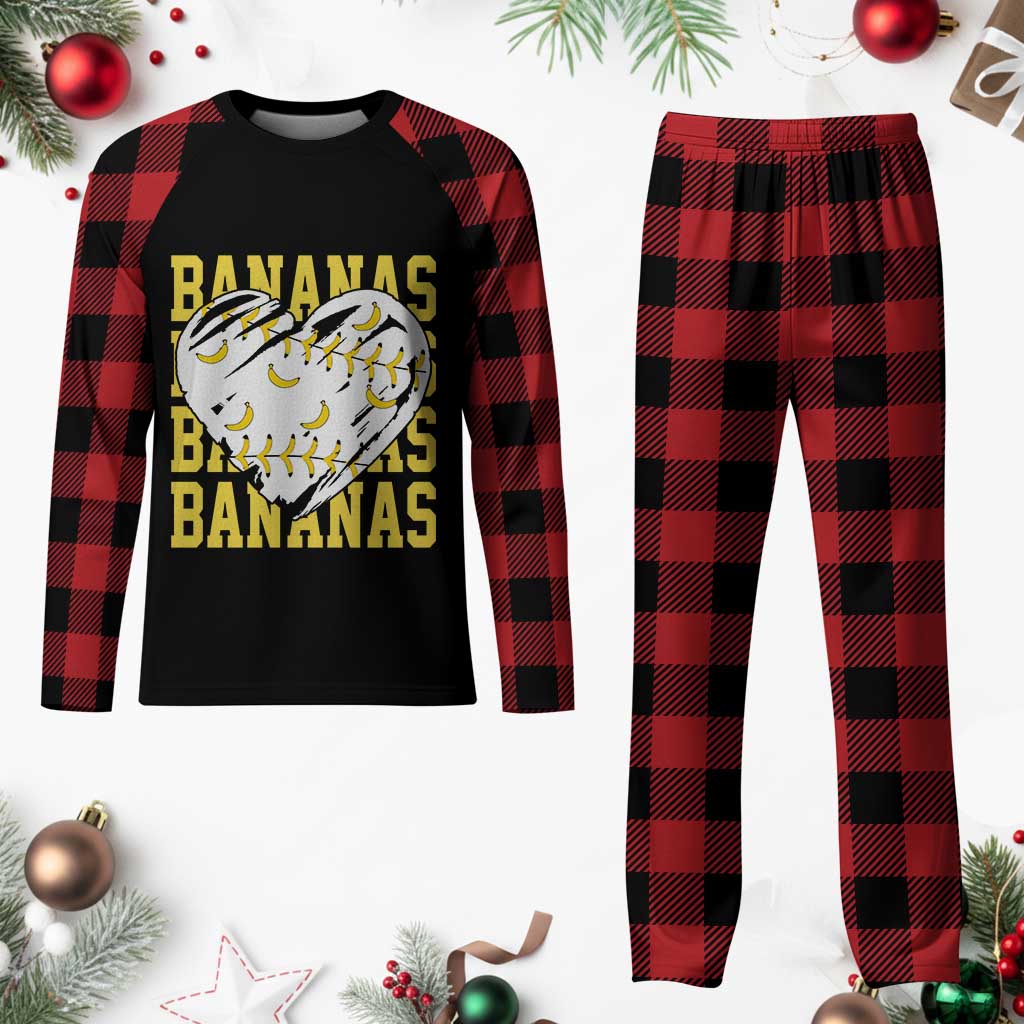 Retro Bananas Plaid Pajama Set Vintage Baseball Heart Graphic Game Day Gifts