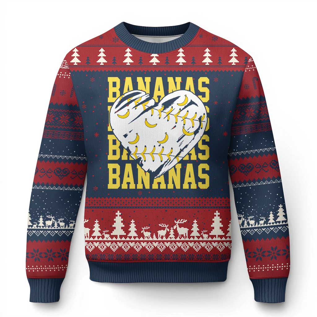 Retro Bananas Ugly Christmas Sweater Vintage Baseball Heart Graphic Game Day Gifts