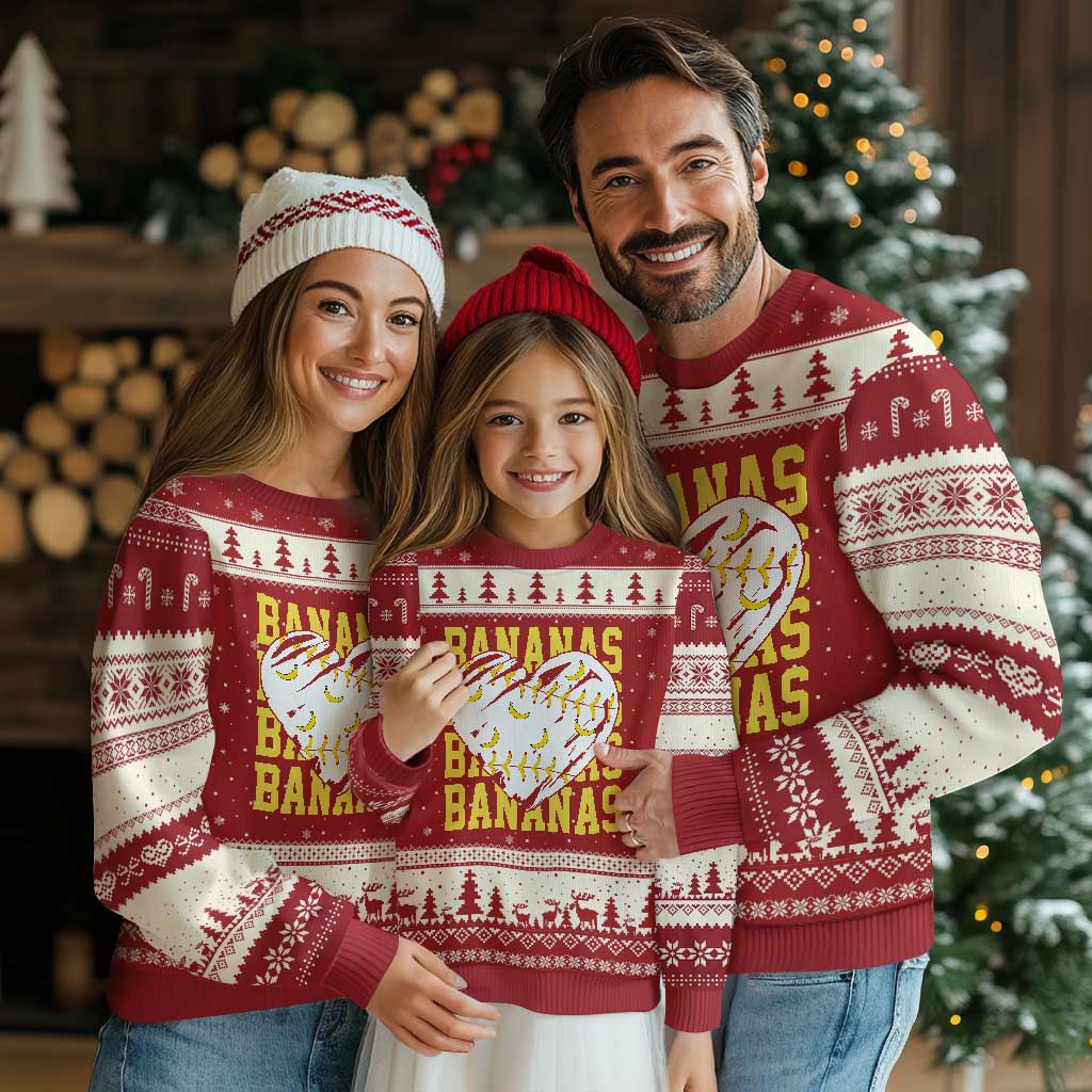 Retro Bananas Ugly Christmas Sweater Vintage Baseball Heart Graphic Game Day Gifts